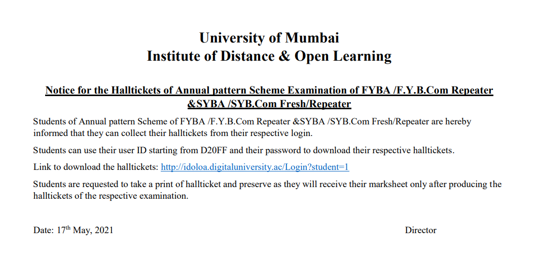 Hall tickets of Annual pattern Examination of FYBA /F.Y.B.Com Repeater &SYBA /SYB.Com Fresh/Repeater