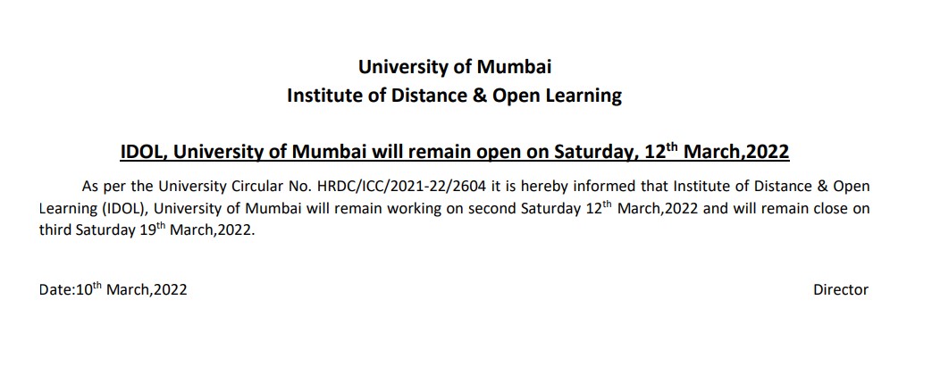 IDOL University of Mumbai will remain Closed